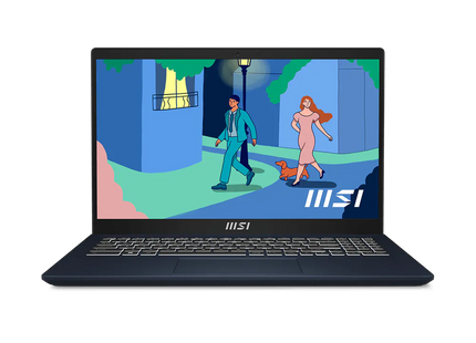 Laptop MSI Modern 15 B7M vista frontal con pantalla encendida y teclado iluminado