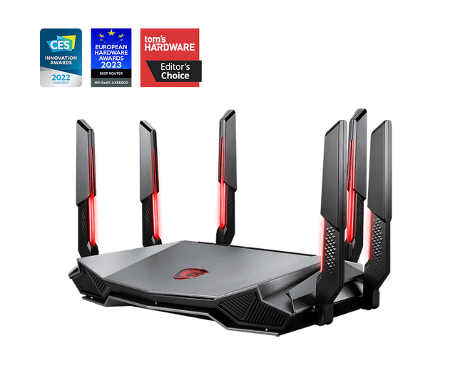 Router Gaming MSI Radix AXE6600 WiFi 6E vista frontal con logo MSI