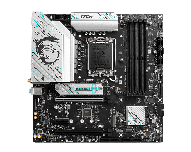Tarjeta madre MSI B760M Gaming Plus WiFi vista frontal completa con todos los conectores