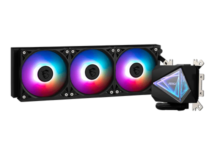 Detalle del bloque de agua y bomba del enfriamiento líquido MSI MAG CoreLiquid I360 con iluminación RGB