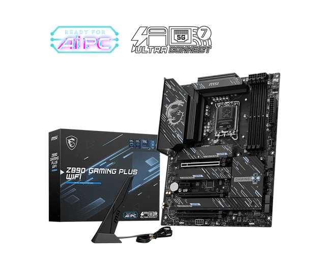 Motherboard MSI Z890 Gaming Plus WiFi mostrando conectores PCIe y slots DDR5