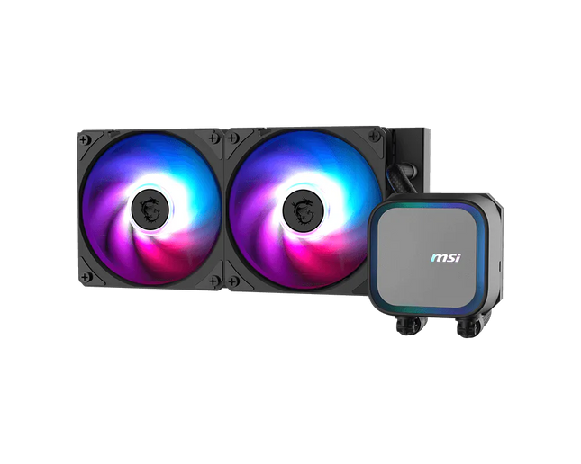 Sistema de enfriamiento líquido MSI MAG CORELIQUID A13 240mm vista frontal con radiador y ventiladores