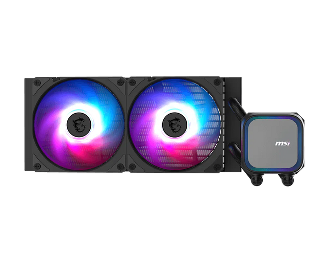 Detalle de bomba y bloque CPU del enfriamiento líquido MSI A13 240 con logo RGB iluminado