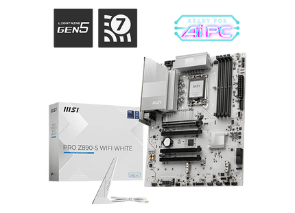 Vista diagonal de motherboard MSI Z890-S mostrando conectores PCIe 5.0 y diseño blanco premium