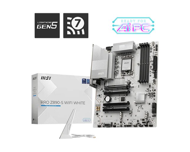 Vista diagonal de motherboard MSI Z890-S mostrando conectores PCIe 5.0 y diseño blanco premium