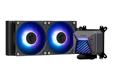 Bomba MSI MAG CoreLiquid A15 con logo iluminado y tuberías flexibles vista superior