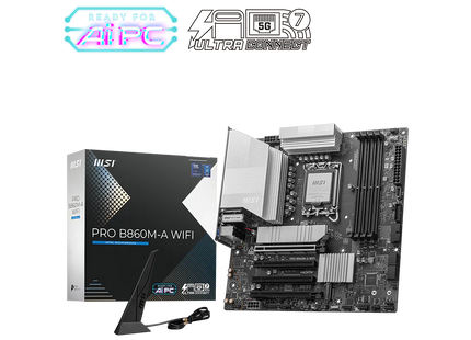 Tarjeta madre MSI B860M-A vista trasera con panel de conectores I/O y disipadores térmicos
