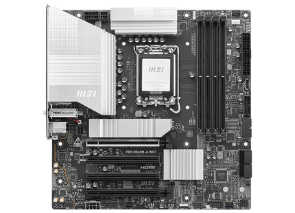 Tarjeta madre MSI PRO B860M-A vista frontal completa mostrando socket LGA 1851 y ranuras DDR5