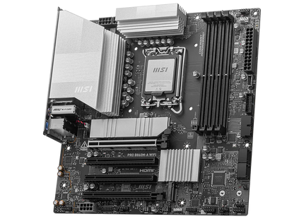 Placa base MSI PRO B860M-A ángulo superior mostrando slots de memoria DDR5 y chipset Intel