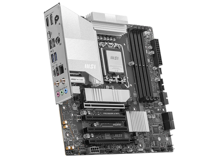 Motherboard MSI B860M-A vista lateral derecha con conectores de alimentación y puertos SATA