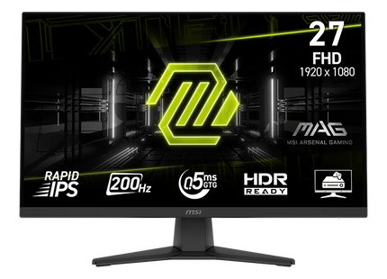 Monitor gaming MSI MAG 272F X24 vista frontal con pantalla encendida mostrando imagen de juego