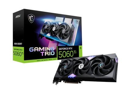 MSI RTX 5060 Ti GAMING TRIO OC vista lateral mostrando puertos de conexión y diseño RGB