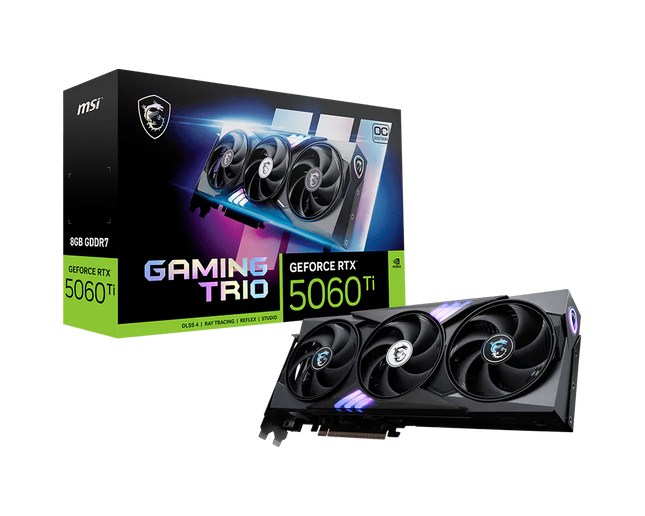 MSI RTX 5060 Ti GAMING TRIO OC vista lateral mostrando puertos de conexión y diseño RGB