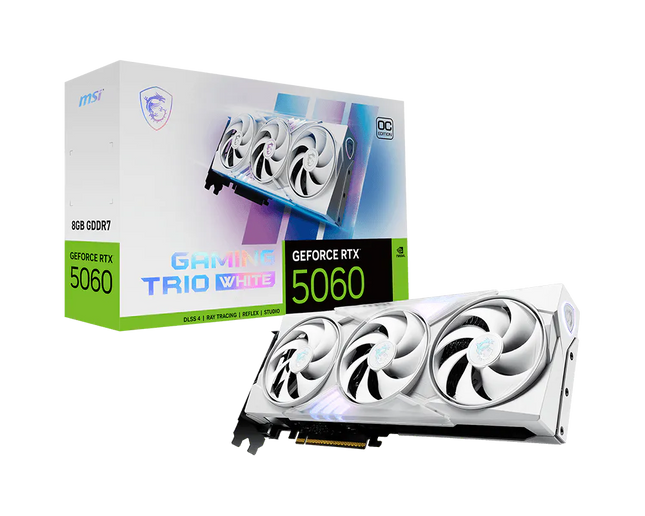 Tarjeta de video RTX 5060 MSI Gaming Trio vista lateral mostrando puertos de conexión