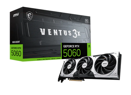 MSI RTX 5060 Ventus 3X OC vista lateral mostrando conectores de alimentación y puertos
