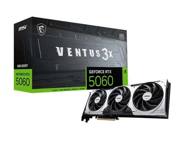 MSI RTX 5060 Ventus 3X OC vista lateral mostrando conectores de alimentación y puertos