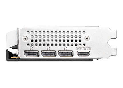 Tarjeta video MSI RTX 5060 vista diagonal completa mostrando arquitectura y ventiladores