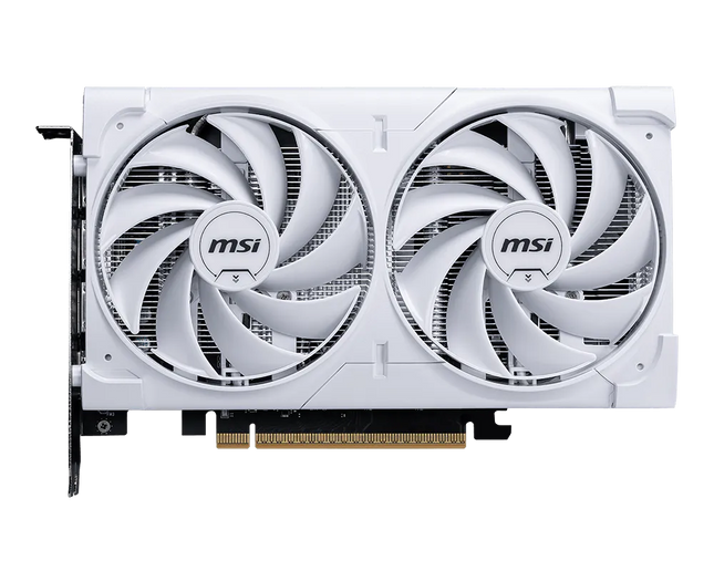 Tarjeta video MSI RTX 5060 Ventus 2X OC White vista frontal con ventiladores duales