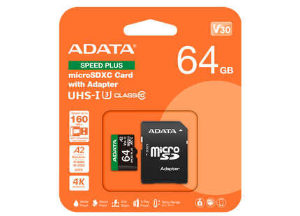 Memoria Micro SDXC ADATA 64GB Speed Plus | UHS-I U3 | 100MB/s lectura | 85MB/s escritura | UD64GUI3V30A2SP-RA1