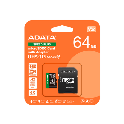 Memoria Micro SDXC ADATA 64GB Speed Plus | UHS-I U3 | 100MB/s lectura | 85MB/s escritura | UD64GUI3V30A2SP-RA1