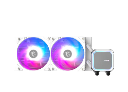 Vista frontal del cooler MSI A13 240mm con iluminación RGB blanca encendida