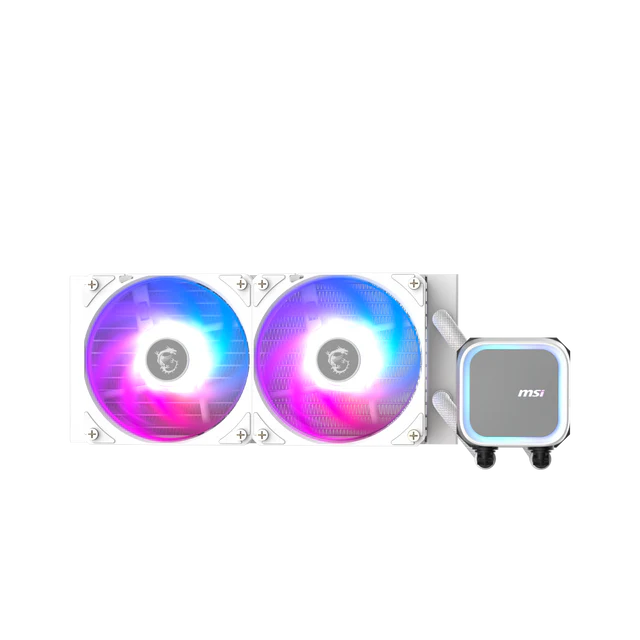 Vista frontal del cooler MSI A13 240mm con iluminación RGB blanca encendida