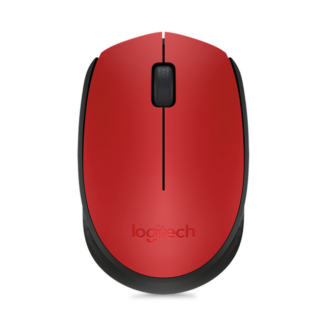 Mouse Logitech M170 inalámbrico negro y rojo vista frontal con receptor USB