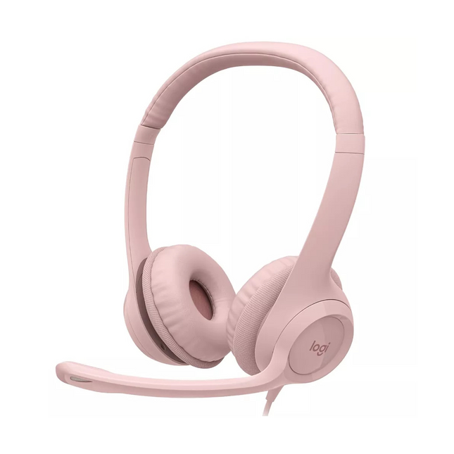 Headset Logitech H390 rosa con micrófono ajustable y diadema acolchada