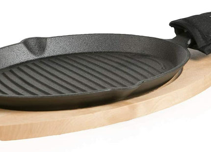 JIMBEAN sartén de hierro fundido con base de madera JB0159, vista de la superficie con marcas de parrilla