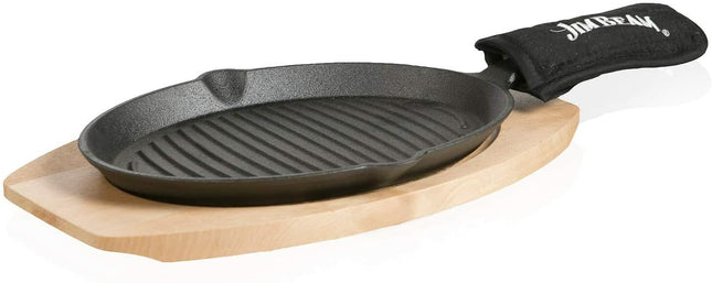 JIMBEAN sartén de hierro fundido con base de madera JB0159, vista de la superficie con marcas de parrilla