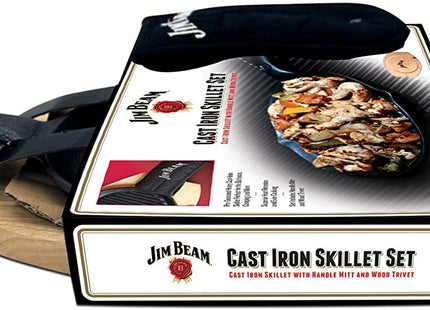 JIMBEAN sartén de hierro fundido con base de madera JB0159, vista del empaque con logo Jim Beam