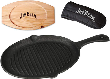 JIMBEAN sartén de hierro fundido con base de madera JB0159, vista del conjunto completo