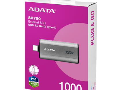 Disco Duro Externo Sólido ADATA SC750 | 1TB | USB 3.2 | 1050MB/s lectura | 1000MB/s escritura | Negro