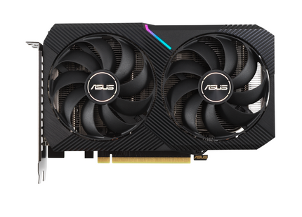 Tarjeta de video ASUS Dual RTX 3060 vista frontal con doble ventilador