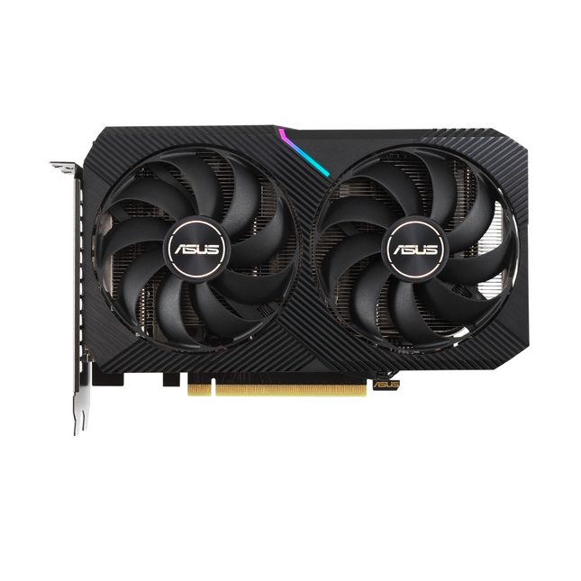 Tarjeta de video ASUS Dual RTX 3060 vista frontal con doble ventilador