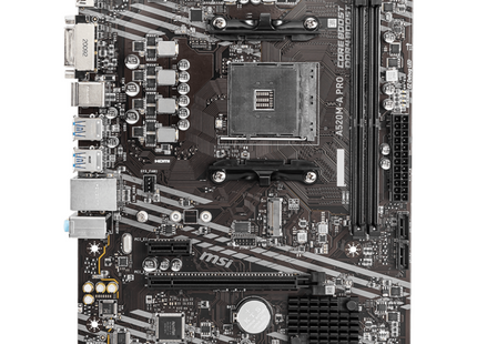 Tarjeta madre MSI A520M-A PRO vista frontal completa con socket AM4 y ranuras DDR4