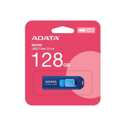 Memoria USB ADATA UC300 | 128GB | USB 3.2 | Tipo-C | Azul | Diseño sin tapa
