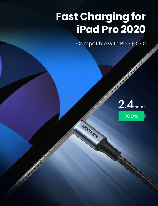 Vista frontal del cable UGREEN US316 mostrando conectores USB-C macho derecho