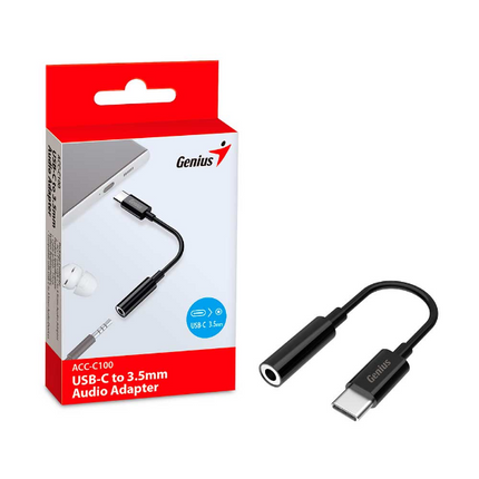 Adaptador de Audio Genius RS2 ACC-C100 | Type-C a 3.5mm | Negro | Alta Calidad de Sonido | Plug & Play